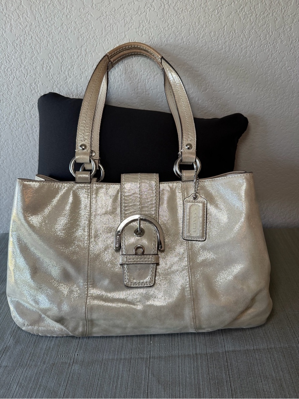Coach Metallic Silver Leather Tote with Buckle Accent F18751